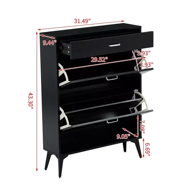Shoe Cabinet, Storage Cabinet with 3 Metal Handle Drawers and 1 Open Shelf, Cabinet for Entryway