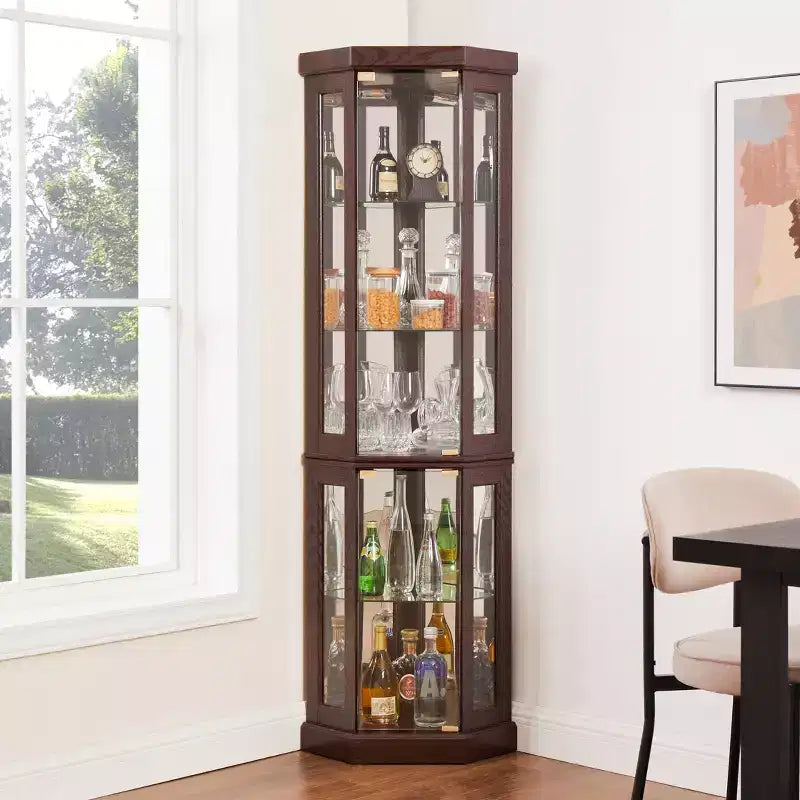 Corner Curio Cabinet with 2 Glass Doors and Adjustable Tempered Glass Shelves, Corner Cabinet for Living Room, Kitchen