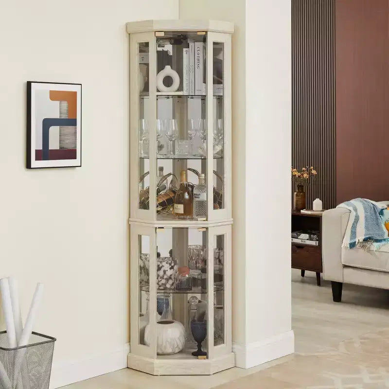 Corner Curio Cabinet with 2 Glass Doors and Adjustable Tempered Glass Shelves, Corner Cabinet for Living Room, Kitchen