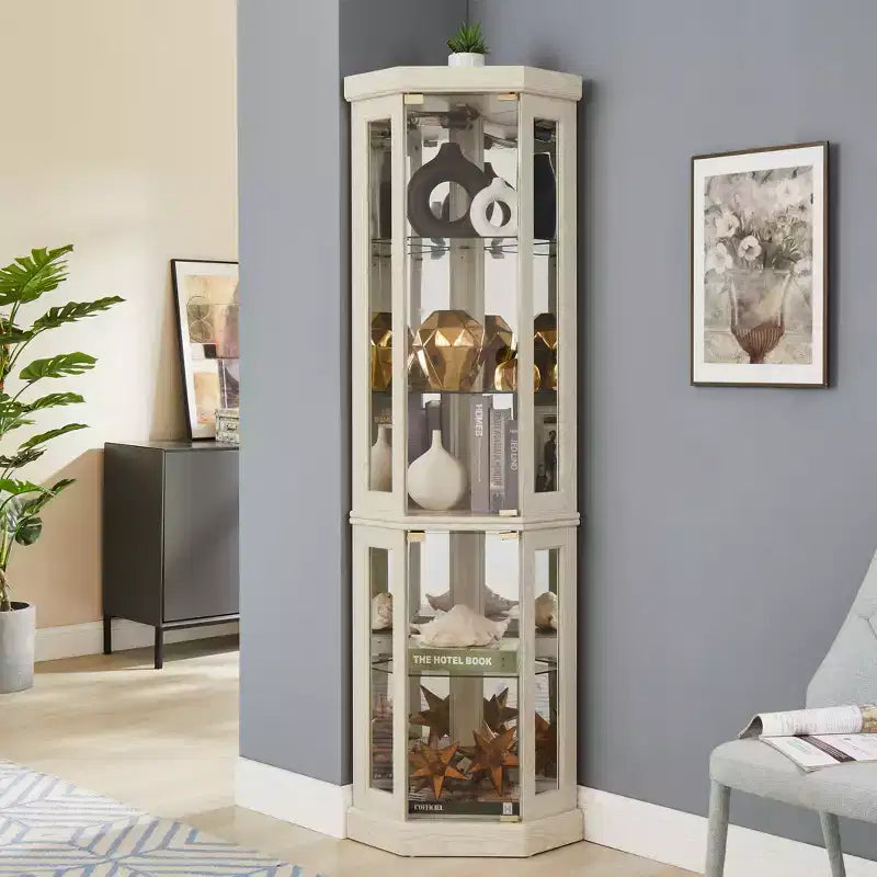 Corner Curio Cabinet with 2 Glass Doors and Adjustable Tempered Glass Shelves, Corner Cabinet for Living Room, Kitchen