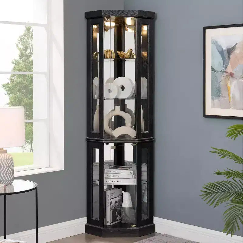 Corner Curio Cabinet with 2 Glass Doors and Adjustable Tempered Glass Shelves, Corner Cabinet for Living Room, Kitchen