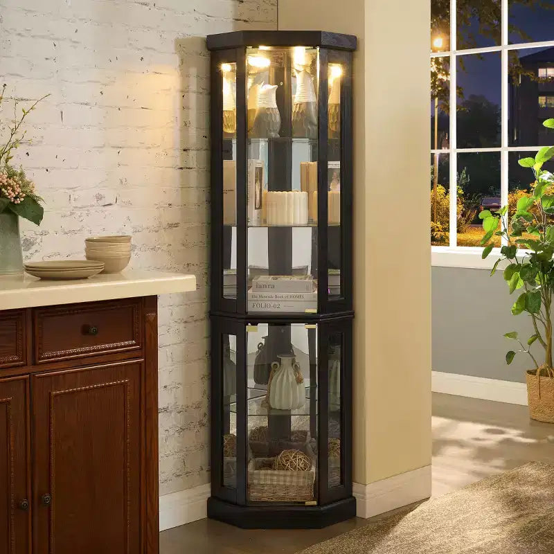 Corner Curio Cabinet with 2 Glass Doors and Adjustable Tempered Glass Shelves, Corner Cabinet for Living Room, Kitchen