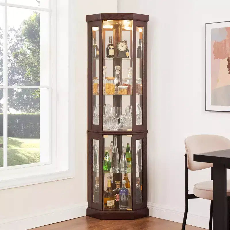 Corner Curio Cabinet with 2 Glass Doors and Adjustable Tempered Glass Shelves, Corner Cabinet for Living Room, Kitchen