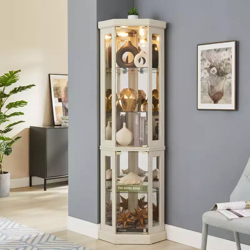 Corner Curio Cabinet with 2 Glass Doors and Adjustable Tempered Glass Shelves, Corner Cabinet for Living Room, Kitchen