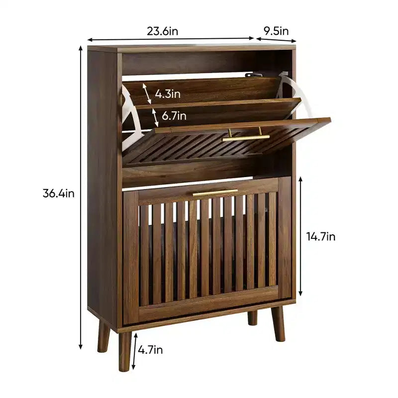 23.6in Modern Shoe Cabinet, Freestanding Shoe Organizer with 2 Flip Drawers, Shoe Storage Cabinet for Entryway, Living Room, Hallway, Walnut
