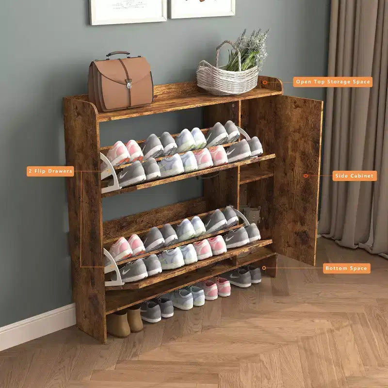 Shoe Cabinet, Freestanding Shoe Organizer with 2 Flip Drawers, Shoe Storage Cabinet for Entryway, Living Room, Hallway, Brown