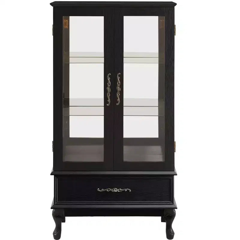 Elegant Lighted Glass Curio Display Cabinet - Wooden Frame Storage for Living Room, Kitchen & Pantry - Ideal for Wine, Toys & Collectibles - Black