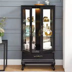 Elegant Lighted Glass Curio Display Cabinet - Wooden Frame Storage for Living Room, Kitchen & Pantry - Ideal for Wine, Toys & Collectibles - Black