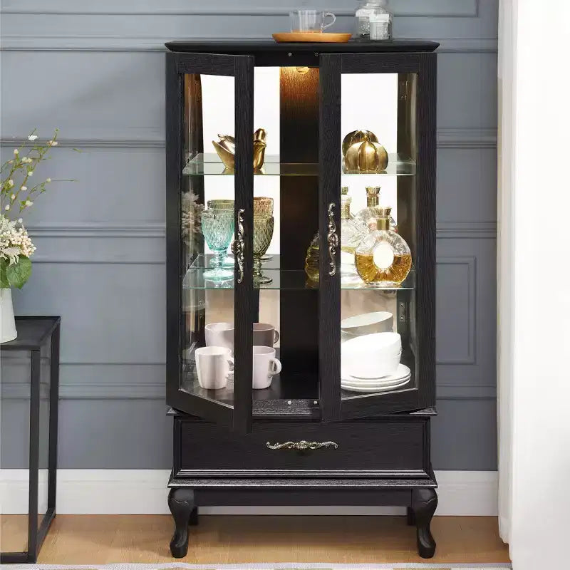 Elegant Lighted Glass Curio Display Cabinet - Wooden Frame Storage for Living Room, Kitchen & Pantry - Ideal for Wine, Toys & Collectibles - Black