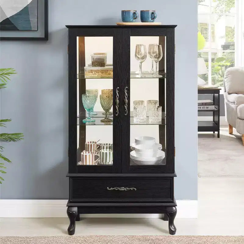 Elegant Lighted Glass Curio Display Cabinet - Wooden Frame Storage for Living Room, Kitchen & Pantry - Ideal for Wine, Toys & Collectibles - Black