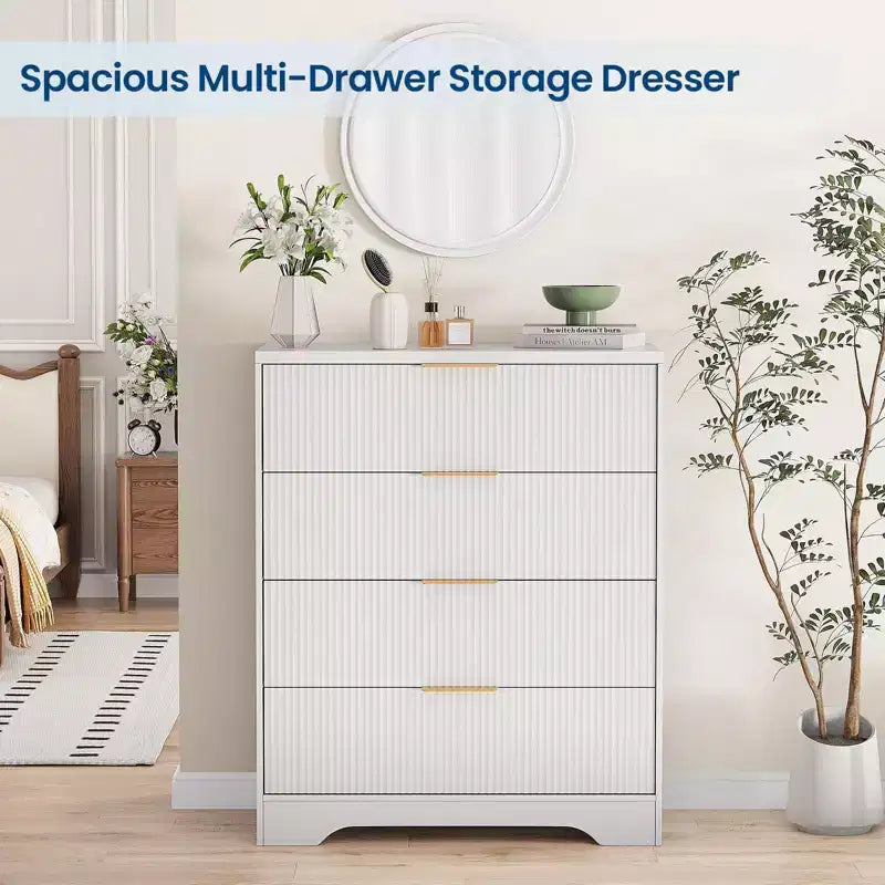 Fluted 5 Drawer Dresser for Bedroom, 47 Tall Modern Chest of Drawers with Gold Metal Handles, Wood Bedroom Dresser for Closet, Living Room, Hallway