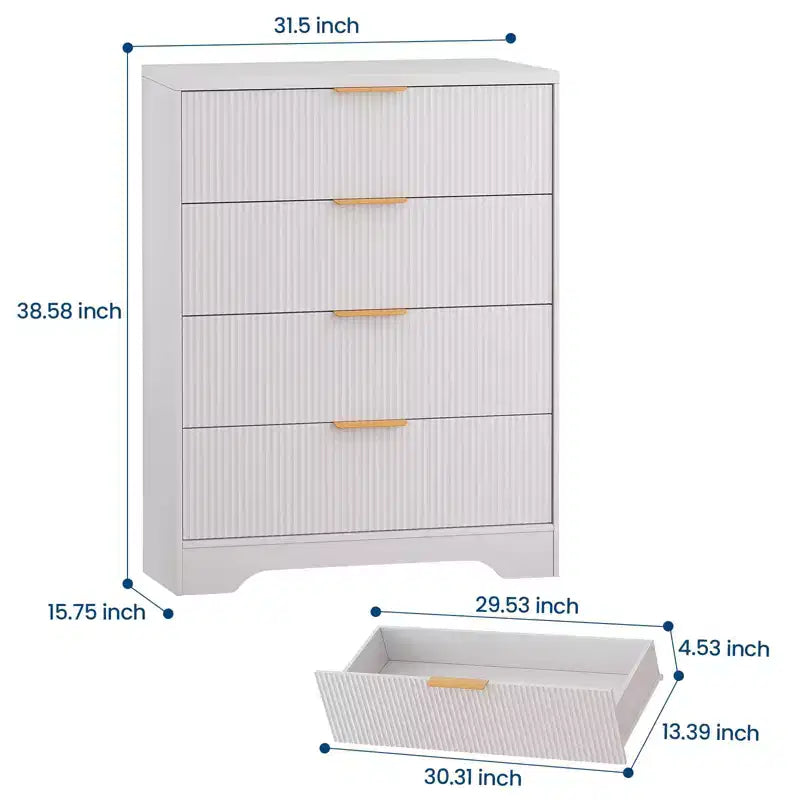 Fluted 5 Drawer Dresser for Bedroom, 47 Tall Modern Chest of Drawers with Gold Metal Handles, Wood Bedroom Dresser for Closet, Living Room, Hallway