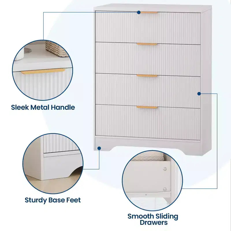 Fluted 5 Drawer Dresser for Bedroom, 47 Tall Modern Chest of Drawers with Gold Metal Handles, Wood Bedroom Dresser for Closet, Living Room, Hallway