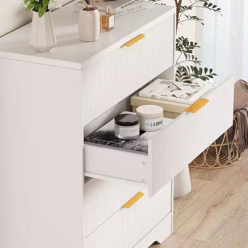 Fluted 5 Drawer Dresser for Bedroom, 47 Tall Modern Chest of Drawers with Gold Metal Handles, Wood Bedroom Dresser for Closet, Living Room, Hallway