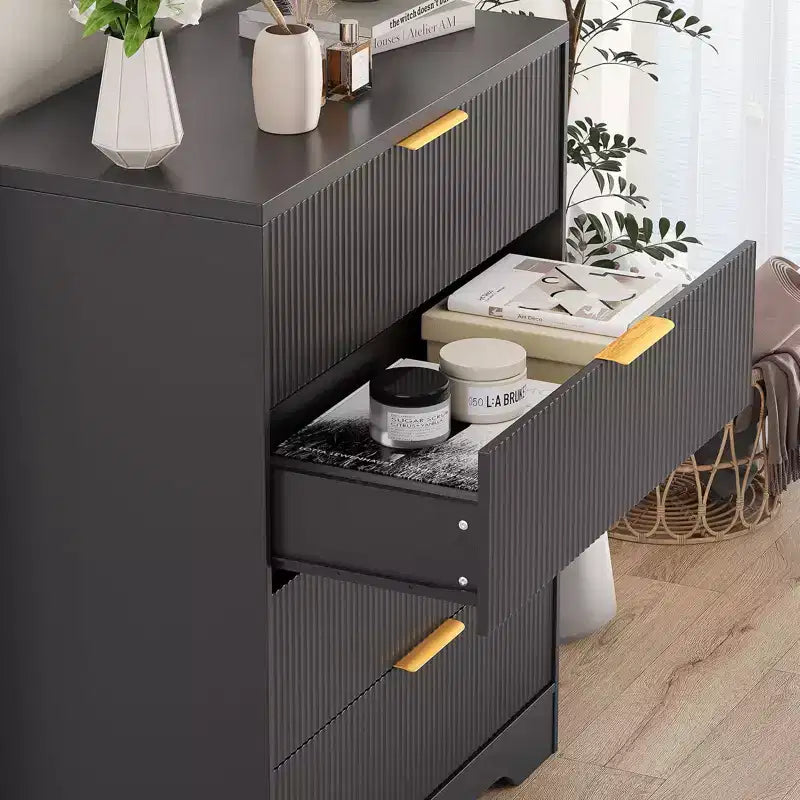 Fluted 5 Drawer Dresser for Bedroom, 47 Tall Modern Chest of Drawers with Gold Metal Handles, Wood Bedroom Dresser for Closet, Living Room, Hallway
