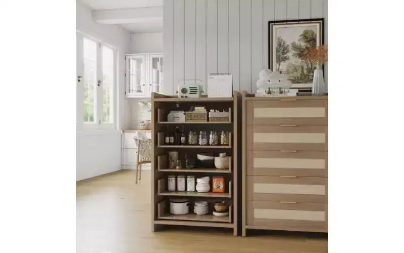 Rattan Accent 5-Drawer Dresser with Gold Handles, 45 Tall Wood Storage Chest Organizer for Bedroom and Closet