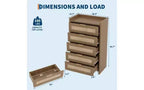 Rattan Accent 5-Drawer Dresser with Gold Handles, 45 Tall Wood Storage Chest Organizer for Bedroom and Closet