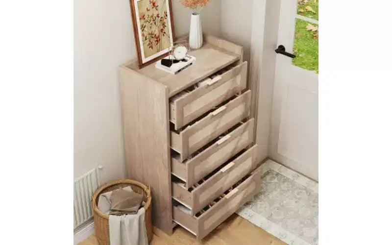 Rattan Accent 5-Drawer Dresser with Gold Handles, 45 Tall Wood Storage Chest Organizer for Bedroom and Closet