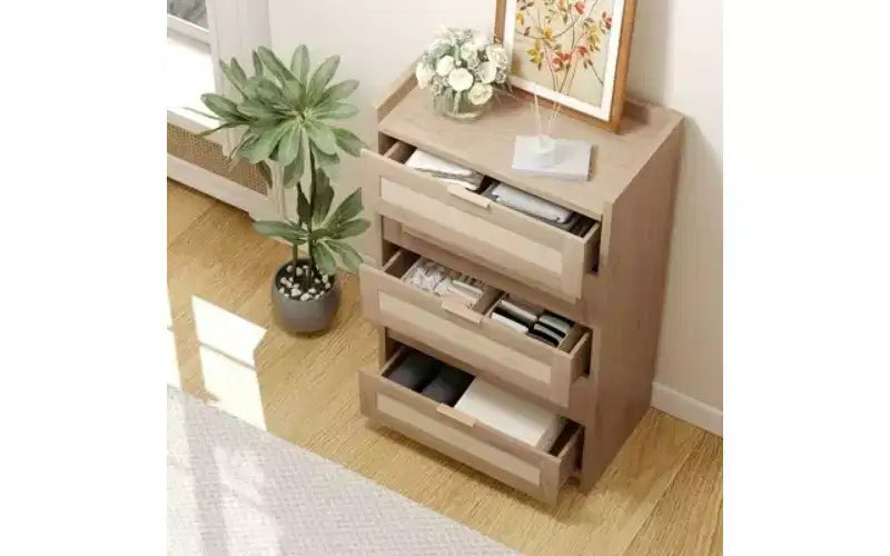 Rattan Accent 5-Drawer Dresser with Gold Handles, 45 Tall Wood Storage Chest Organizer for Bedroom and Closet