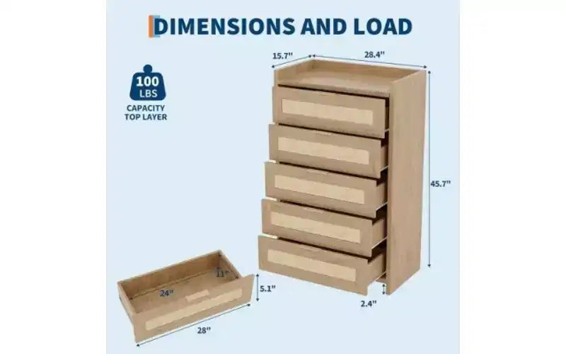 Rattan Accent 5-Drawer Dresser with Gold Handles, 45 Tall Wood Storage Chest Organizer for Bedroom and Closet