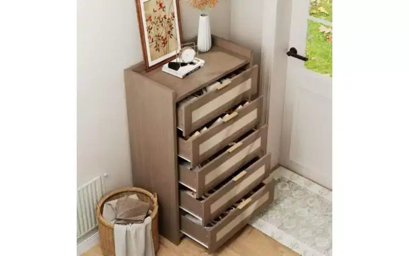 Rattan Accent 5-Drawer Dresser with Gold Handles, 45 Tall Wood Storage Chest Organizer for Bedroom and Closet