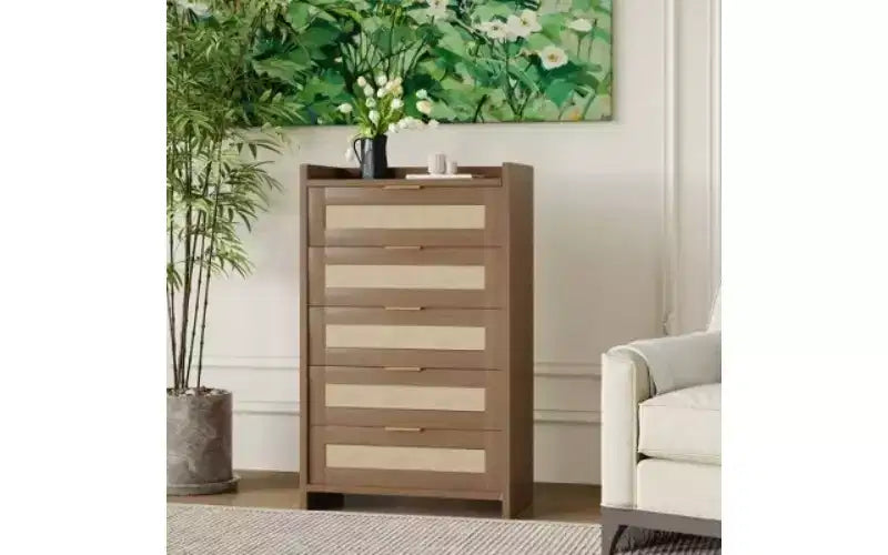 Rattan Accent 5-Drawer Dresser with Gold Handles, 45 Tall Wood Storage Chest Organizer for Bedroom and Closet