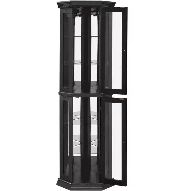 Lighted Corner Curio Cabinet - Glass Display Shelf with Tempered Glass Doors, Adjustable Shelving- Ideal Bar Cabinet for Home Decor-BLACK