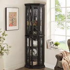 Lighted Corner Curio Cabinet - Glass Display Shelf with Tempered Glass Doors, Adjustable Shelving- Ideal Bar Cabinet for Home Decor-BLACK