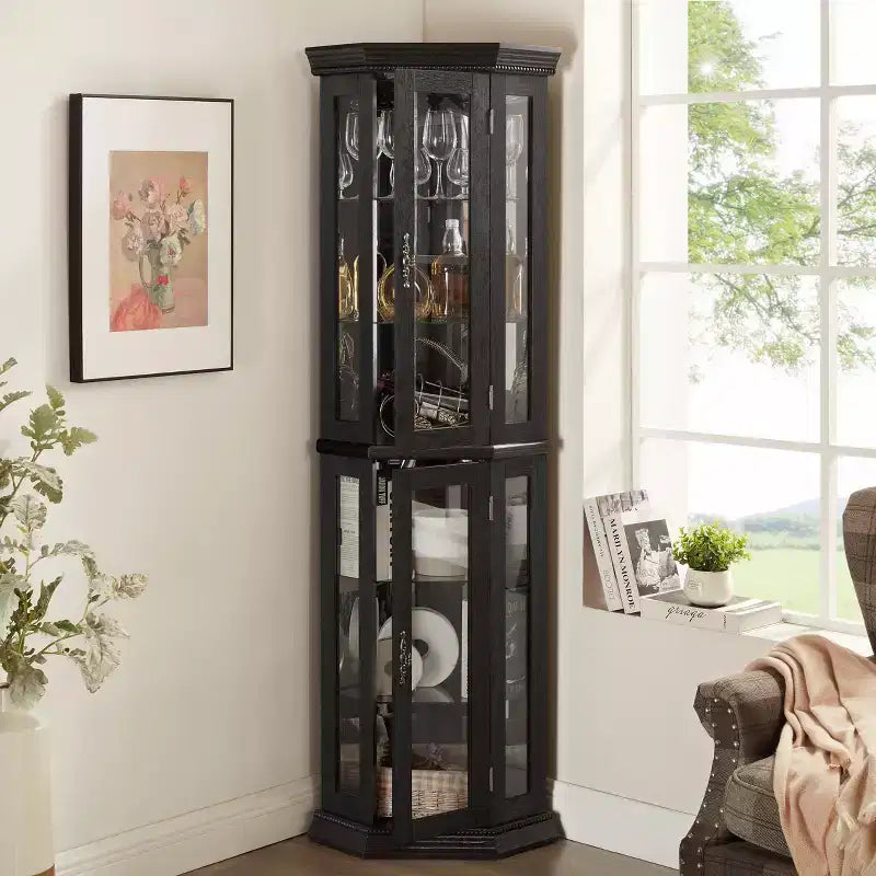 Lighted Corner Curio Cabinet - Glass Display Shelf with Tempered Glass Doors, Adjustable Shelving- Ideal Bar Cabinet for Home Decor-BLACK