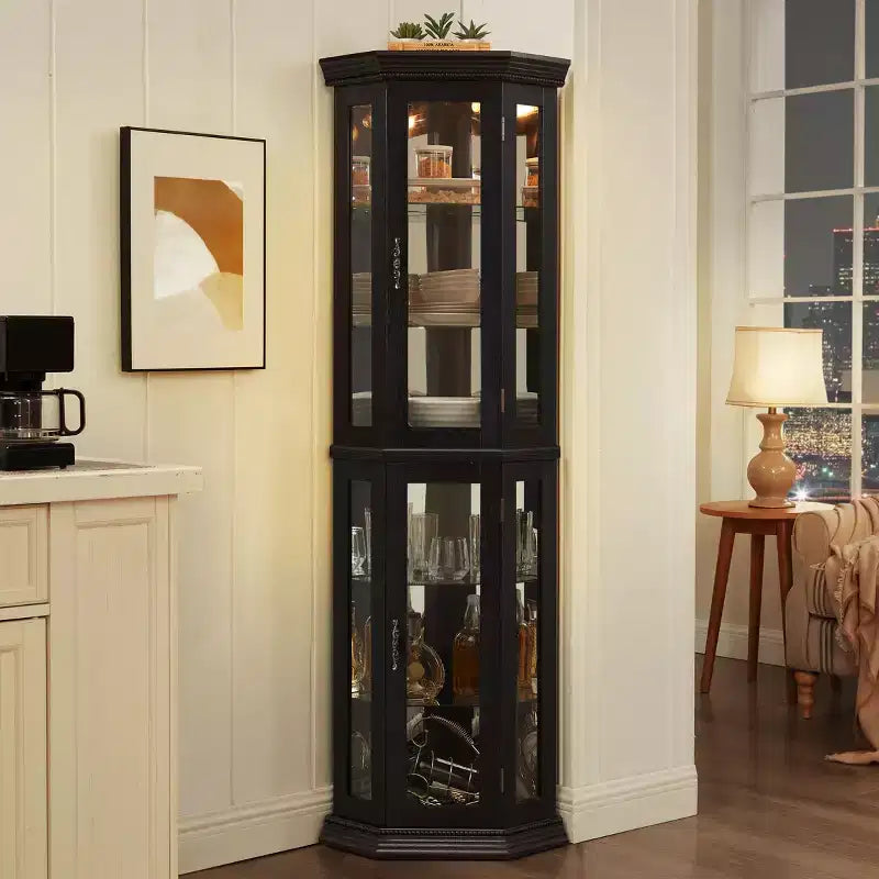 Lighted Corner Curio Cabinet - Glass Display Shelf with Tempered Glass Doors, Adjustable Shelving- Ideal Bar Cabinet for Home Decor-BLACK