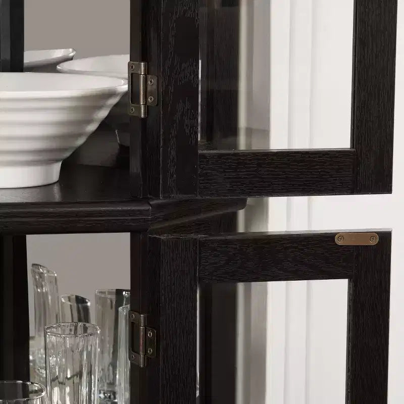 Lighted Corner Curio Cabinet - Glass Display Shelf with Tempered Glass Doors, Adjustable Shelving- Ideal Bar Cabinet for Home Decor-BLACK