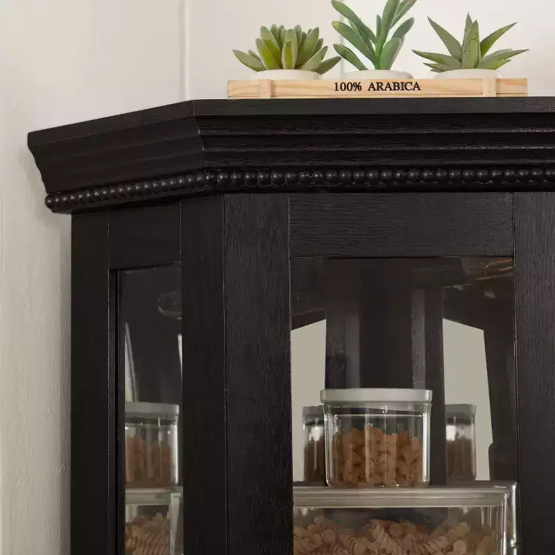Lighted Corner Curio Cabinet - Glass Display Shelf with Tempered Glass Doors, Adjustable Shelving- Ideal Bar Cabinet for Home Decor-BLACK