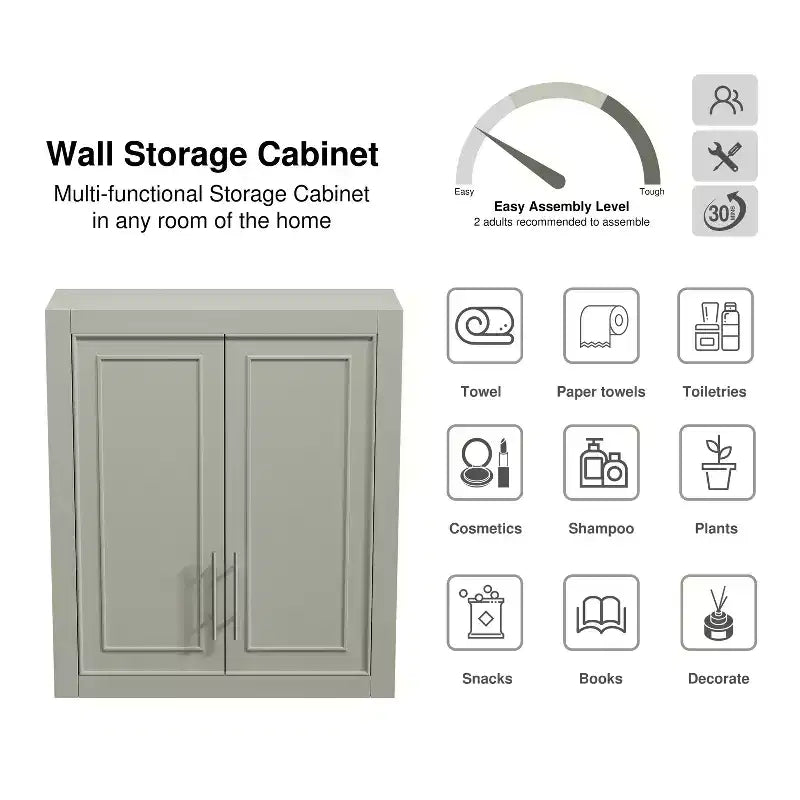 Bathroom Storage Cabinet Wooden Wall-Mounted Cabinets for Home, Small Space, Gray, 26*22*8in