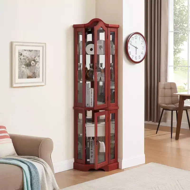 Lighted Corner Curio Cabinet with Tempered Glass Doors & Shelves - Elegant Display Storage for Living Room & Bedroom Decor