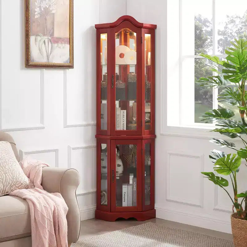 Lighted Corner Curio Cabinet with Tempered Glass Doors & Shelves - Elegant Display Storage for Living Room & Bedroom Decor