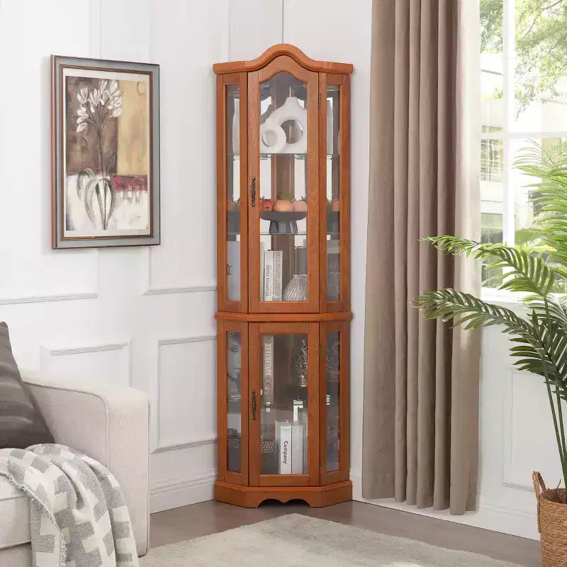 Lighted Corner Curio Cabinet with Tempered Glass Doors & Shelves - Elegant Display Storage for Living Room & Bedroom Decor