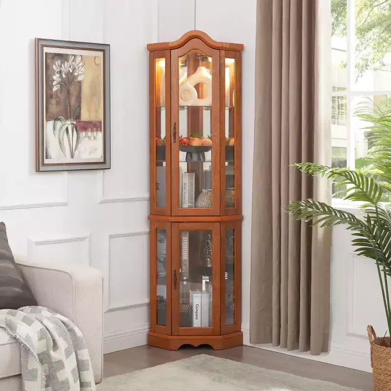 Lighted Corner Curio Cabinet with Tempered Glass Doors & Shelves - Elegant Display Storage for Living Room & Bedroom Decor