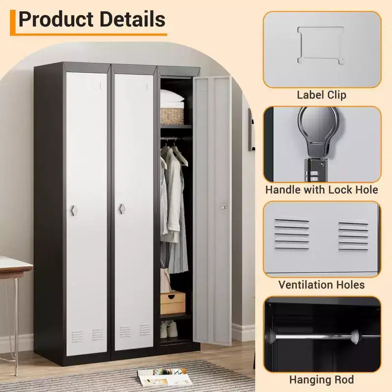 72 Heavy-Duty Steel Locker with Keys, Industrial Storage Cabinet with Adjustable Shelves & Ventilation for Gym, Office, School, Home Use