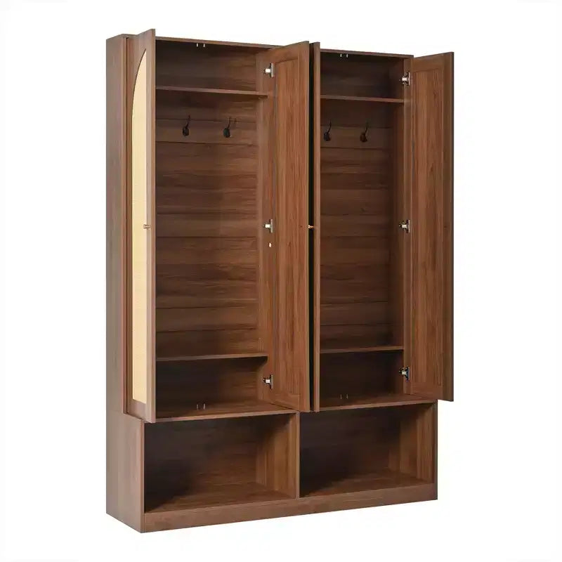 Farmhouse Shoe Cabinet, Freestanding Shoe Organizer with 4-In-1 Seating Bench with 6 Hooks for Entryway, Living Room, Hallway