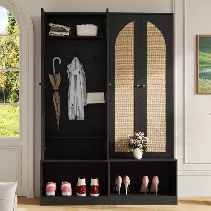 Farmhouse Shoe Cabinet, Freestanding Shoe Organizer with 4-In-1 Seating Bench with 6 Hooks for Entryway, Living Room, Hallway