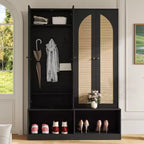 Farmhouse Shoe Cabinet, Freestanding Shoe Organizer with 4-In-1 Seating Bench with 6 Hooks for Entryway, Living Room, Hallway
