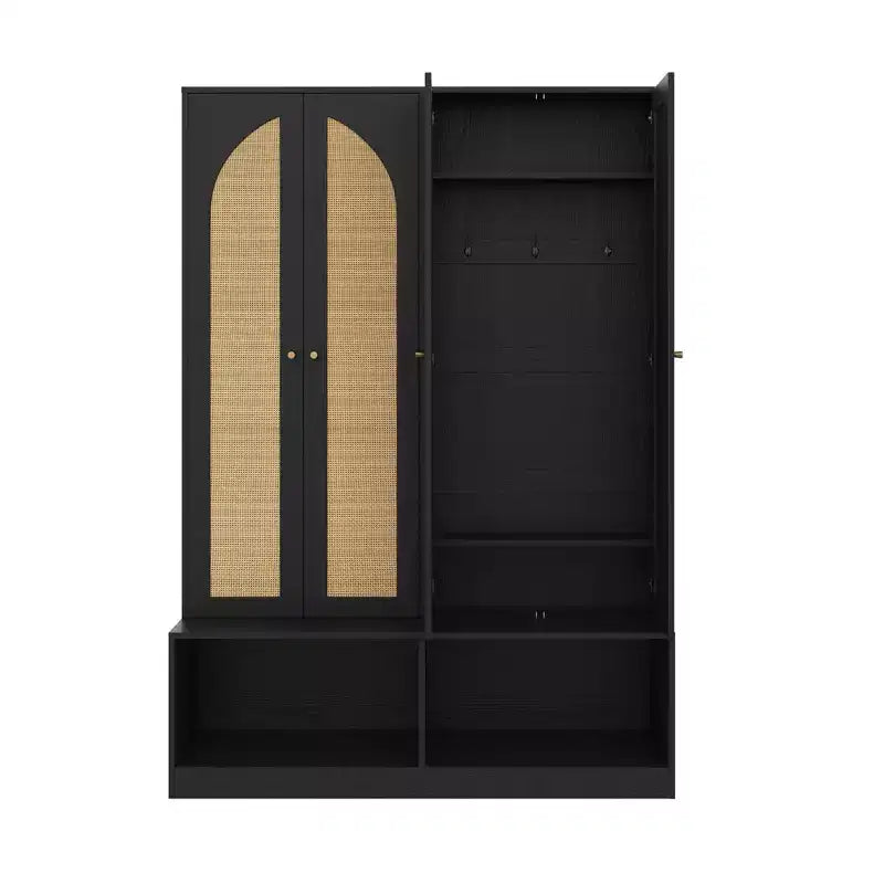 Farmhouse Shoe Cabinet, Freestanding Shoe Organizer with 4-In-1 Seating Bench with 6 Hooks for Entryway, Living Room, Hallway