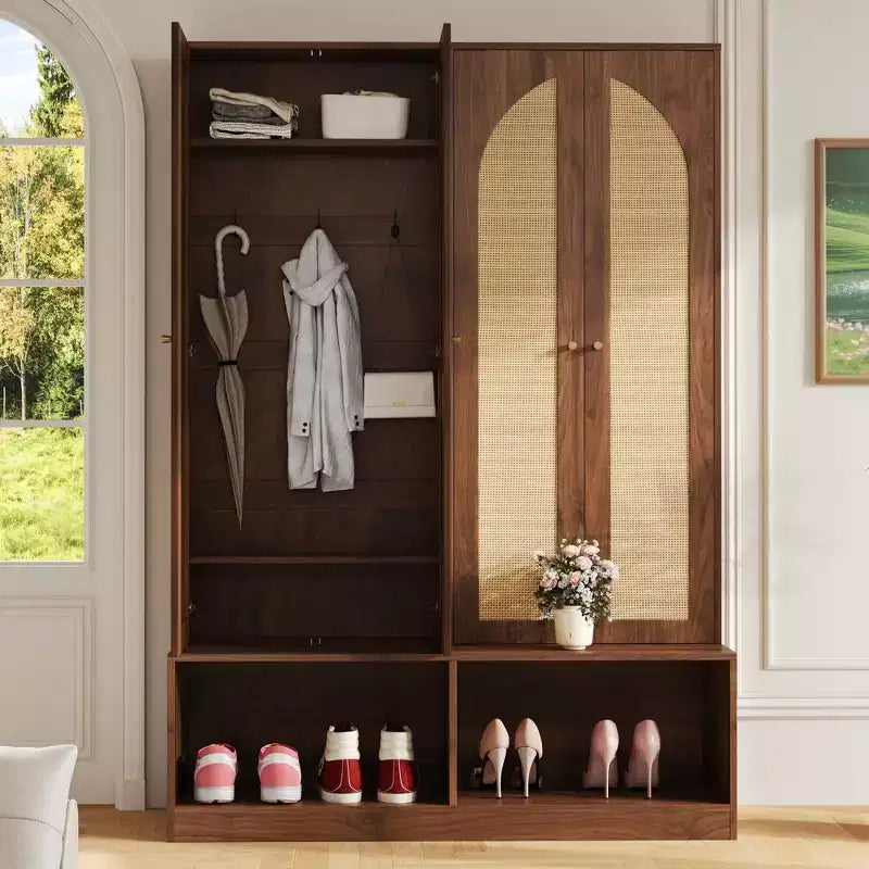 Farmhouse Shoe Cabinet, Freestanding Shoe Organizer with 4-In-1 Seating Bench with 6 Hooks for Entryway, Living Room, Hallway