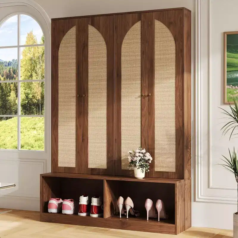 Farmhouse Shoe Cabinet, Freestanding Shoe Organizer with 4-In-1 Seating Bench with 6 Hooks for Entryway, Living Room, Hallway