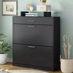 Slim Shoe Cabinet, Freestanding Shoe Organizer with 2 Flip Drawer and 1 Sliding Drawer, Shoe Storage Cabinet for Entryway, Living Room