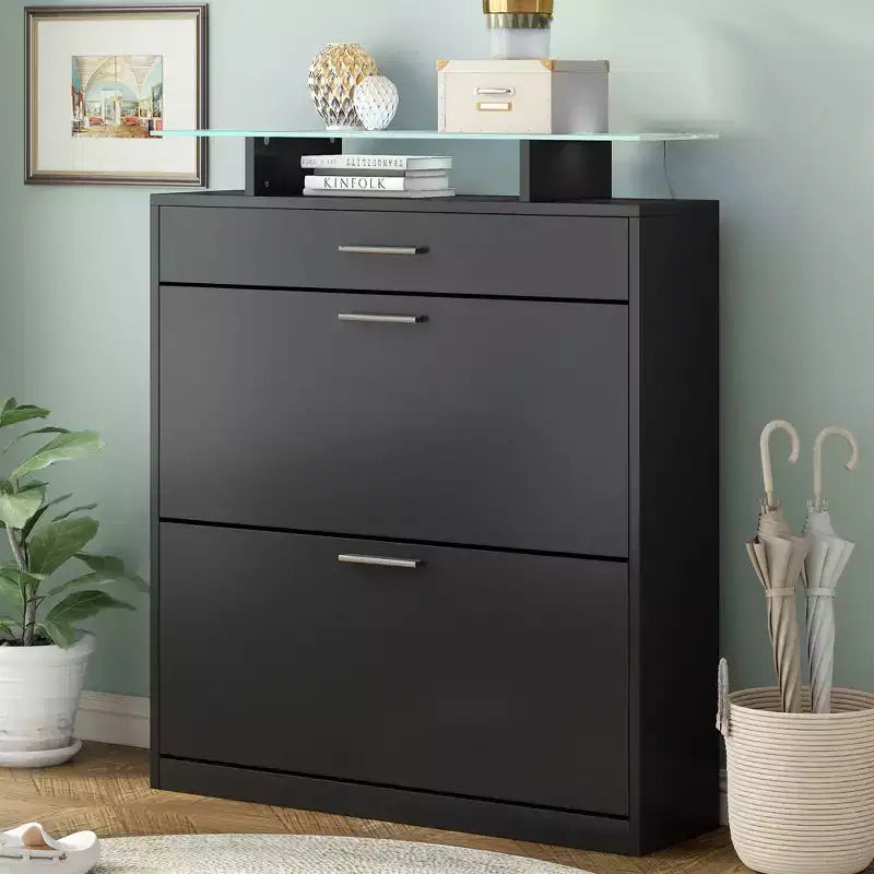 Slim Shoe Cabinet, Freestanding Shoe Organizer with 2 Flip Drawer and 1 Sliding Drawer, Shoe Storage Cabinet for Entryway, Living Room