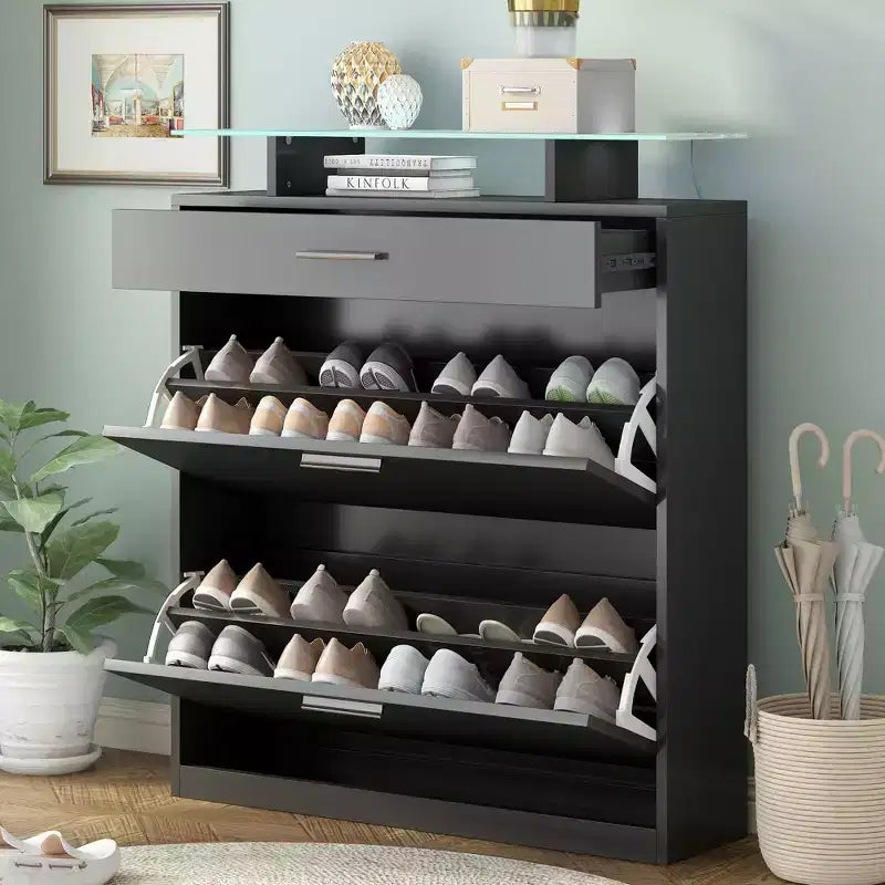 Slim Shoe Cabinet, Freestanding Shoe Organizer with 2 Flip Drawer and 1 Sliding Drawer, Shoe Storage Cabinet for Entryway, Living Room