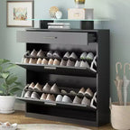Slim Shoe Cabinet, Freestanding Shoe Organizer with 2 Flip Drawer and 1 Sliding Drawer, Shoe Storage Cabinet for Entryway, Living Room