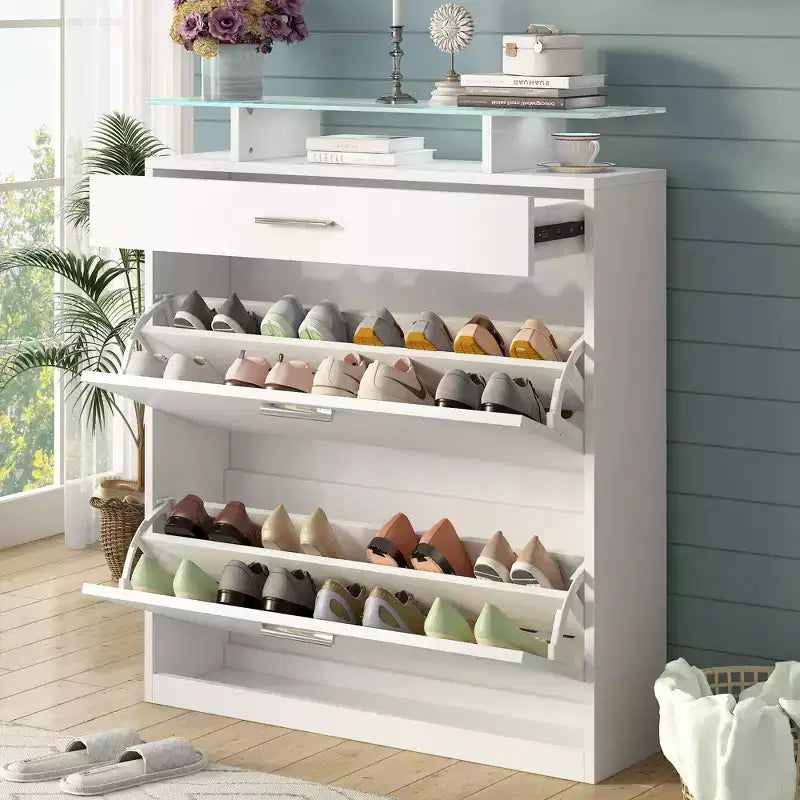 Slim Shoe Cabinet, Freestanding Shoe Organizer with 2 Flip Drawer and 1 Sliding Drawer, Shoe Storage Cabinet for Entryway, Living Room