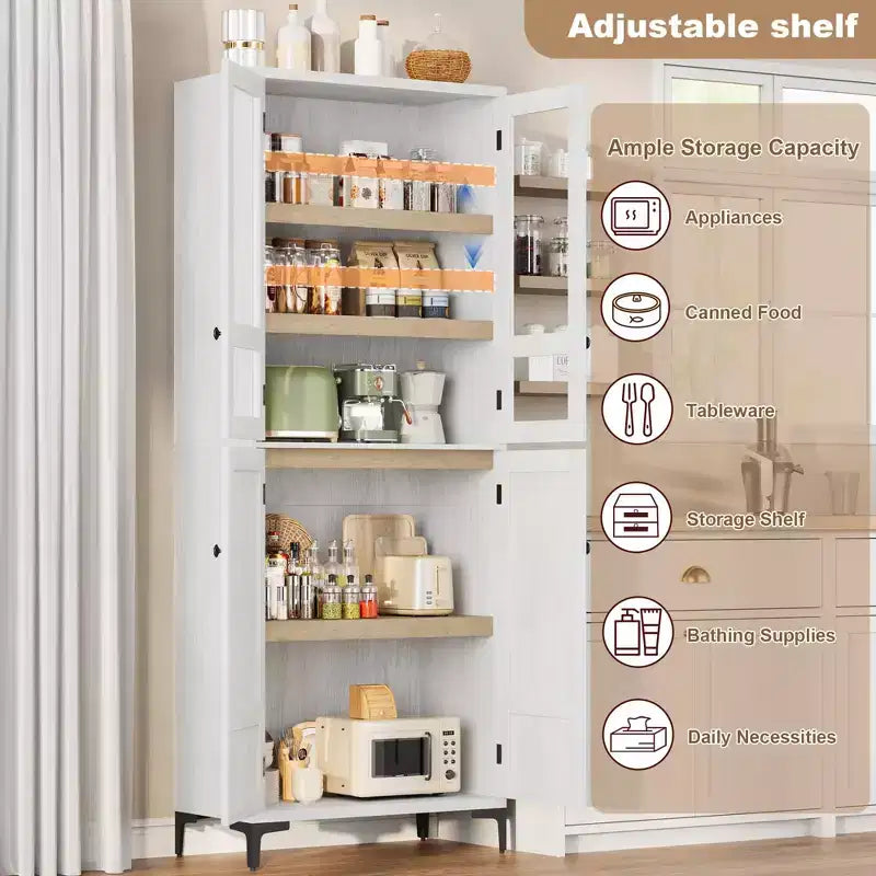 71 Inch Tall 5-Tier Storage Cabinet, 4-Door Pantry Organizer with Adjustable Shelves for Kitchen, Bathroom, Dining Room